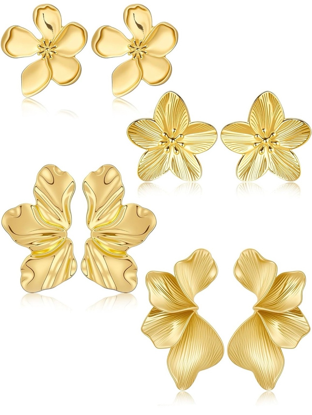 Gold Floral Stud Earring Set - Elegant Women Jewelry